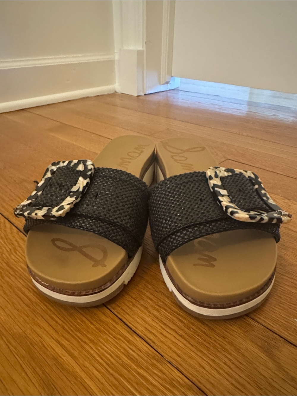 Sam Edelman Black Slide Sandals with Patterned Buckle - Picture 2 of 5